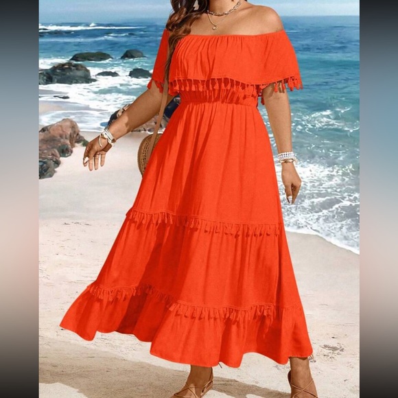 Boho burgundy plus size off shoulder tassel detail maxi dress - Picture 11 of 16